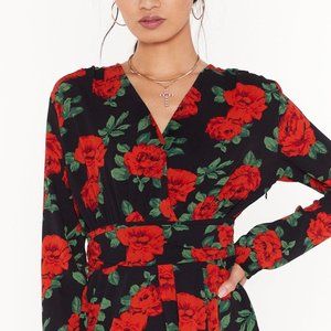 Black and Red Floral Long-sleeved Dress